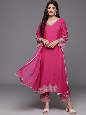 Varanga Women Pink Thread Embroidered V-Neck Straight Kurta With Bottom And Dupatta