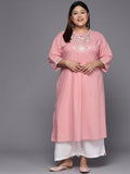 Varanga Women Plus Size Pink Floral Zari Yoke Design Floral Kurta