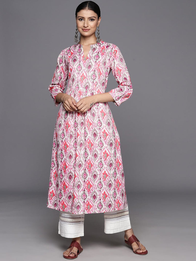 KSUT pink ikat printed mandarin collar gathered details a line kurta