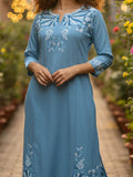 varanga women's ethnic solid skyblue round neck with v notch A line kurta with elegant emb. and  3/4 sleeves.