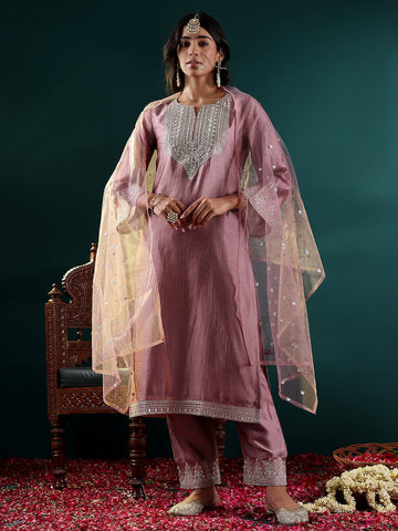 Varanga Women Mauve Zari & Gota Embroidered Kurta Paired With Tonal  Bottom And Dupatta