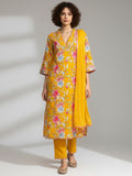 Floral Printed Boho Look Flared Sleeve Kurta With Trouser & Dupatta