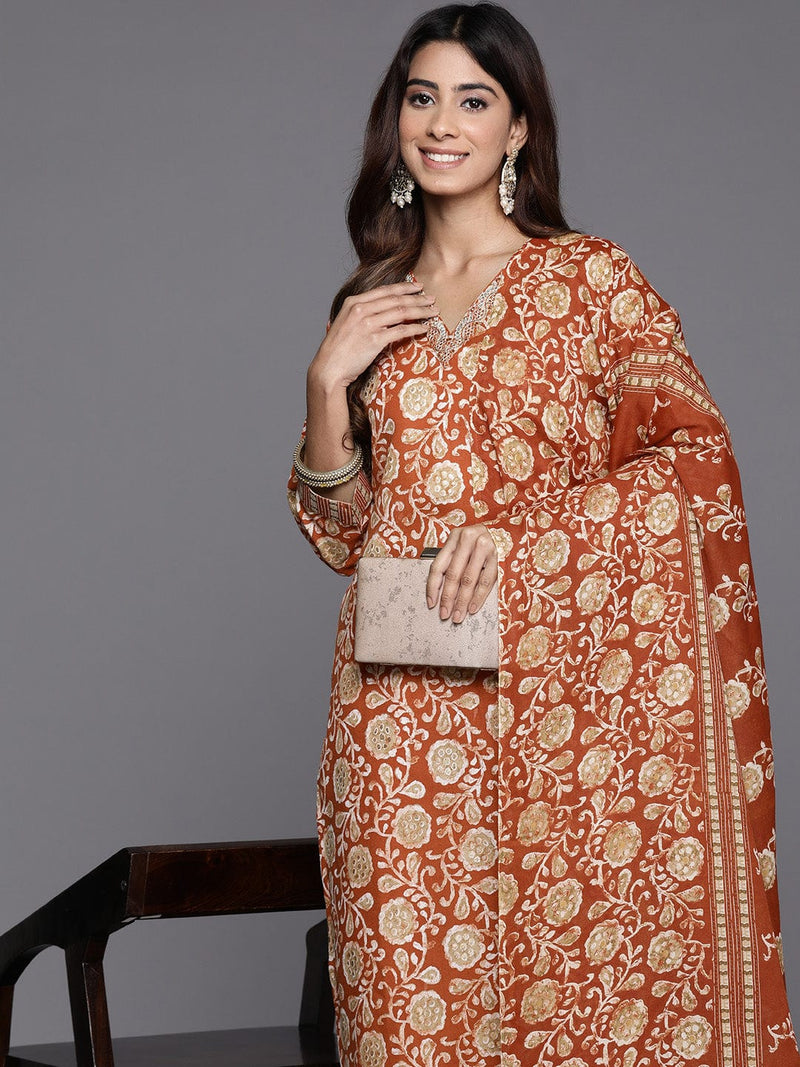 Varanga Women Rust Floral Printed Kurta Paired With Bottom & Dupatta