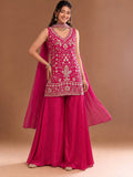 Rani Pink Embroidered Kurta Set Featuring Zari And Sequin Work With Flared Palazzo And Embellished Dupatta