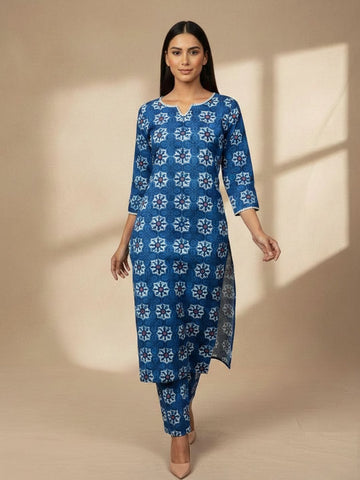 Cobalt Blue Kurta Set in tie dye flowers