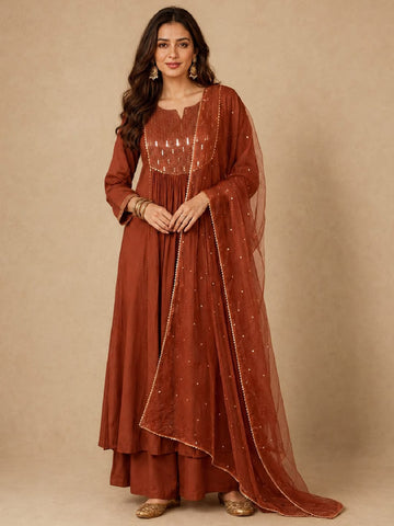Rust Brown Zari-Work Anarkali Set With Organza Dupatta
