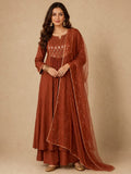 Rust Brown Zari-Work Anarkali Set With Organza Dupatta