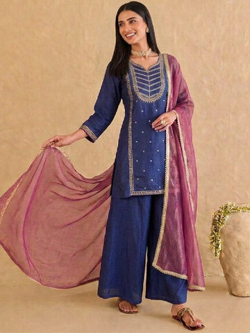 Embroidered Kurta Set Paired With A Shimmering Organza Dupatta.