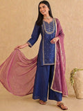 Embroidered Kurta Set Paired With A Shimmering Organza Dupatta.