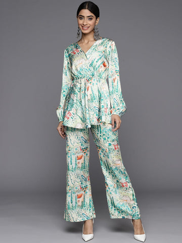 Varanga Women Teal Abstract Printed V-Neck Angrakha Style Top With Printed Flared Bottom