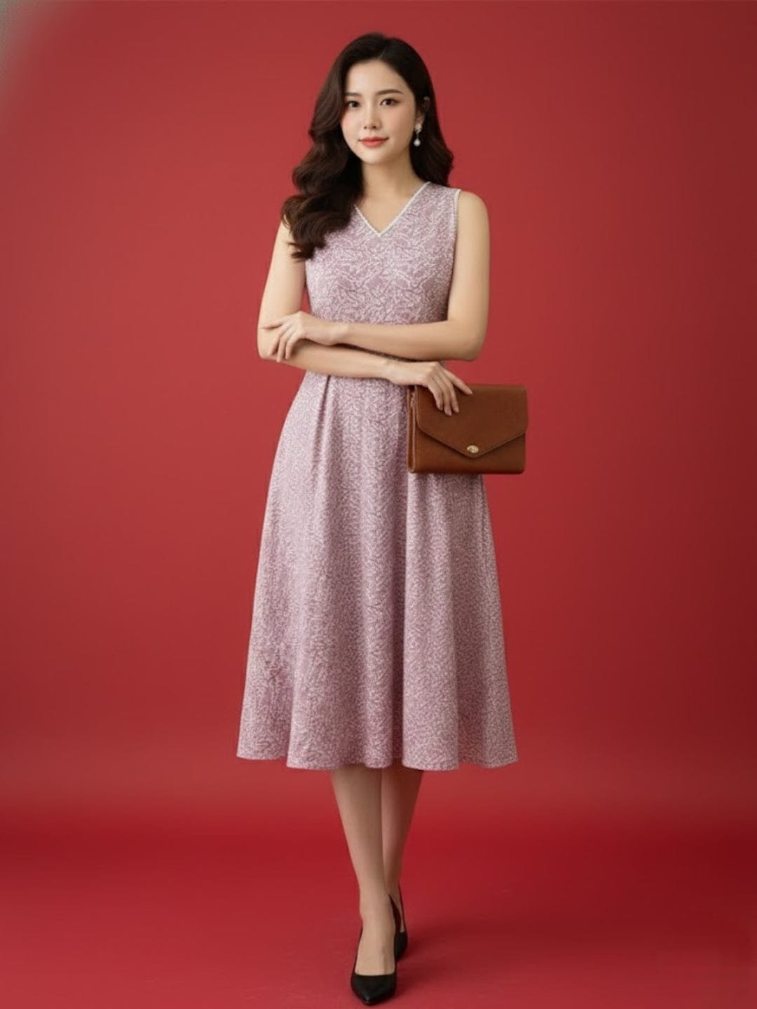 A floral-printed knee-length dress with v neckline perfect for turning