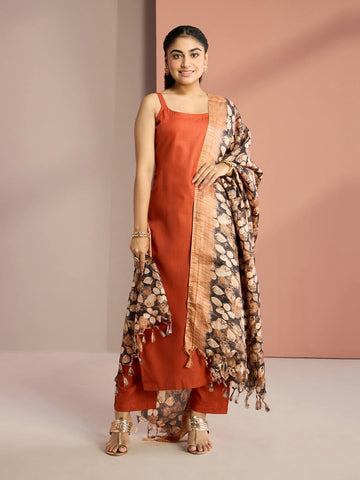 Varanga Women Rust Solid Kurta Paired With Tonal Bottom And Printed Dupatta