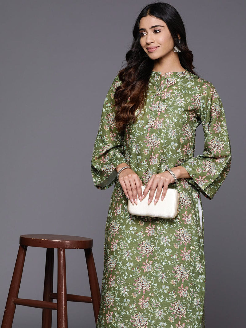 Varanga Women Olive Floral Printed Mandarin Collar Straight Kurta