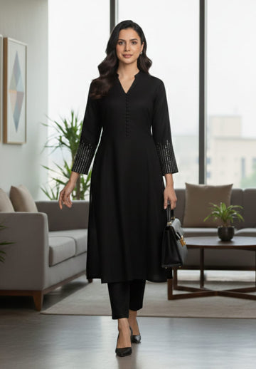 Black Mandarin Witn V Neck Anarkali Front Slit Detailing With Trouser