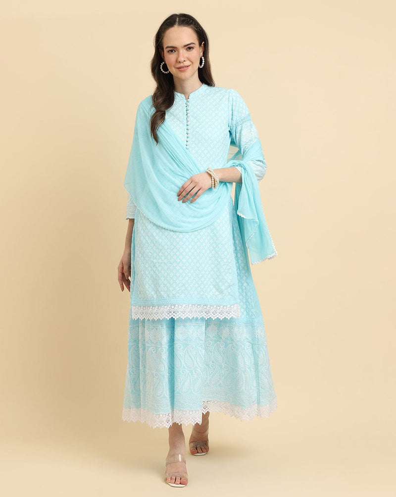 KSUT Women Blue Chikankari Kurta Attached With Skirt