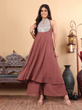 Varanga Women Nude Yoke Embroidered Sleeveless Flared Kurta With Trousers.