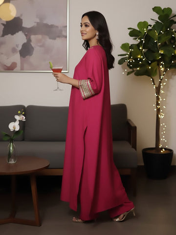 Zari Embroidered Lace Neck Flared Kaftan with Trouser