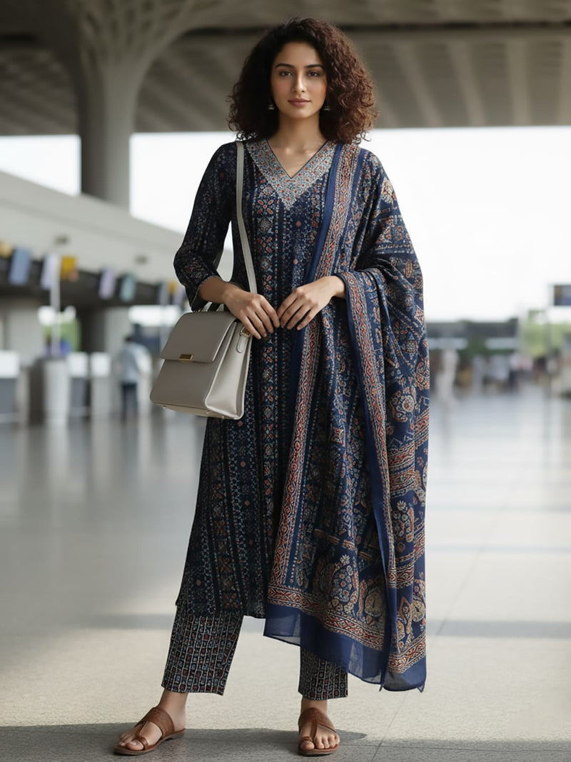 Varanga Women Blue Printed Embroidered Kurta With Bottom And Dupatta
