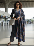 Varanga Women Blue Printed Embroidered Kurta With Bottom And Dupatta