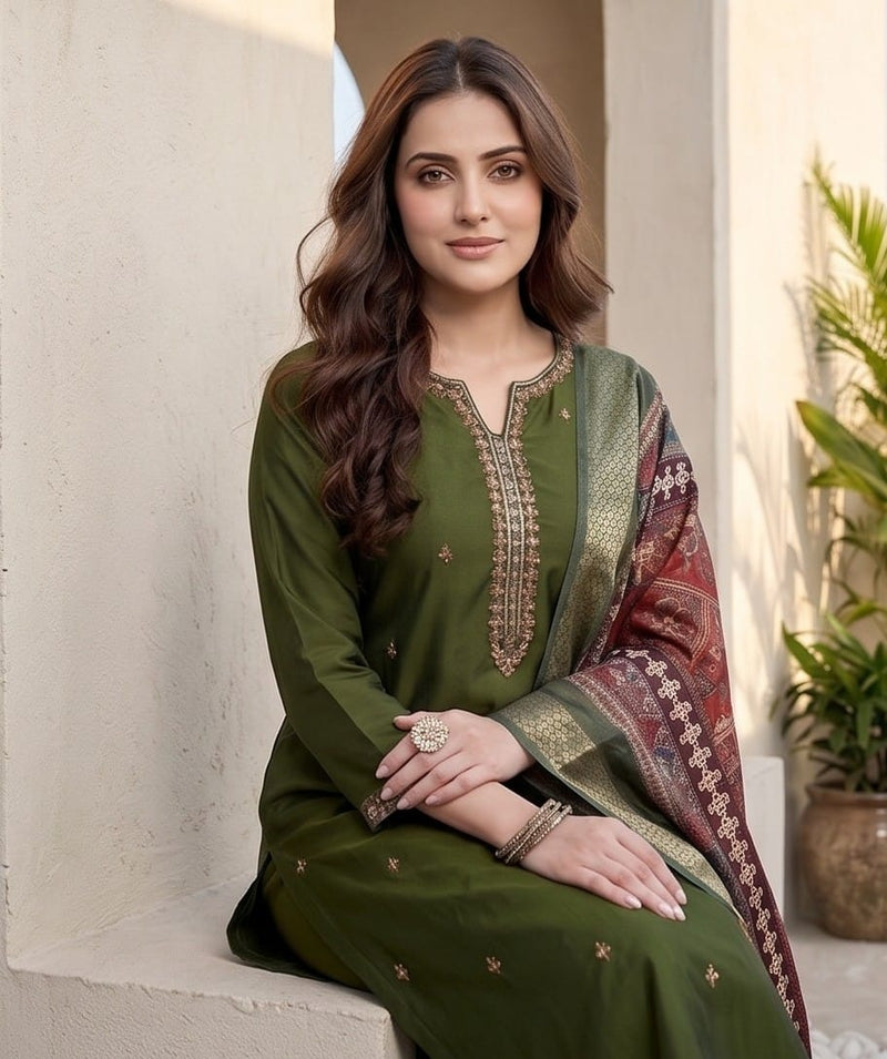 Varanga Women Olive Green Round Neck Kurta With Tonal Bottom & Printed Dupatta