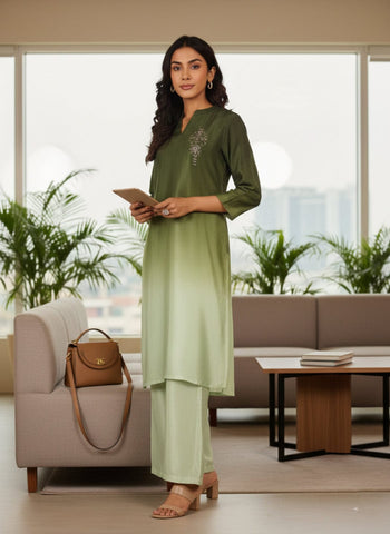 Varanga Women Mandarin Collar Placement Embroidered Kurta Paired With Tonal Bottom