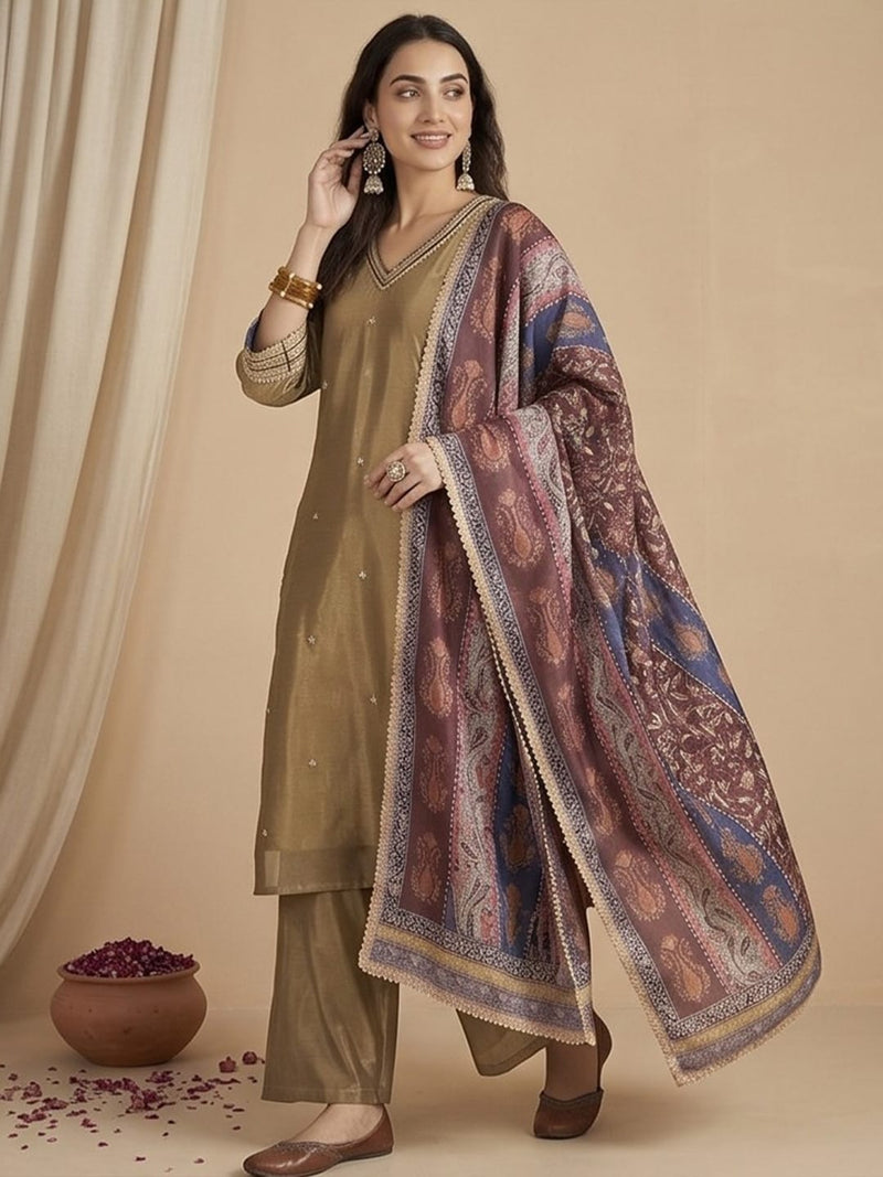 Varanga Women Kurta Set With Intricate Lace Detailing And Solid Ankle-Length Trousers, And Printed Dupatta.