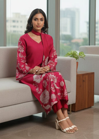 Varanga Women Fuchsia Pink Floral Printed Gota Detail Flared Sleeve Kurta With Solid Trouser