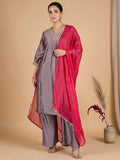 V Neck  Kurta With Lace Detailing, Paired With Solid Trousers And A Contrasting Fuchsia Dupatta.
