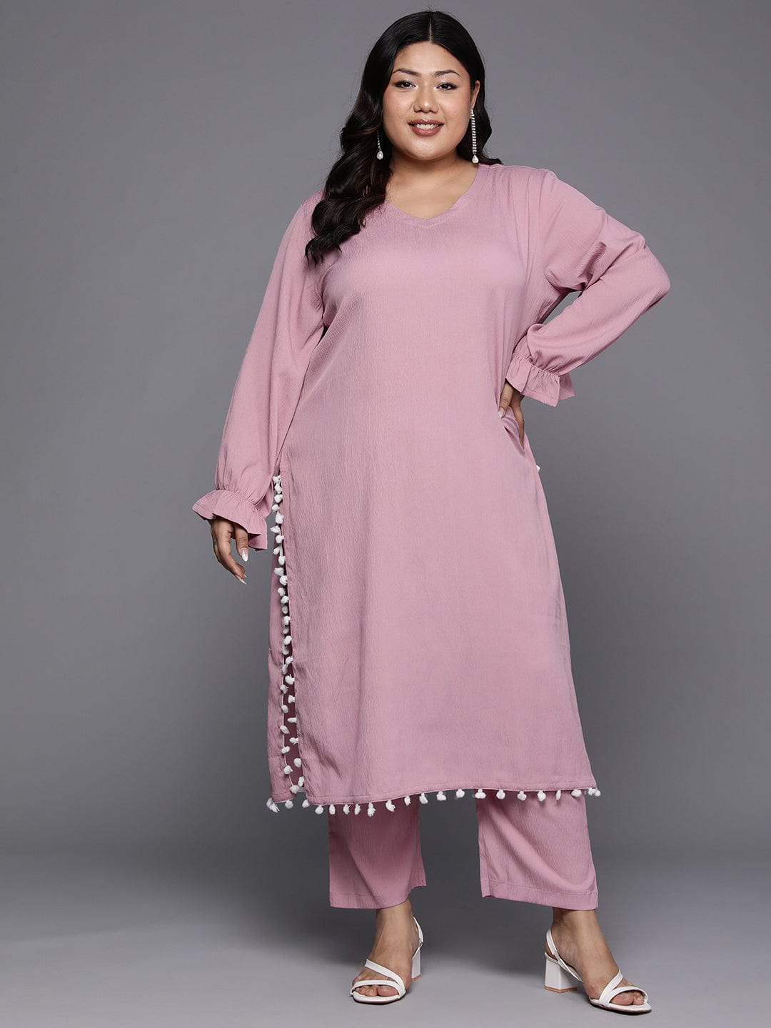 Varanga Women Plus Size Mauve Straight Kurta With Pom Pom Hem Paired With Tonal Bottom