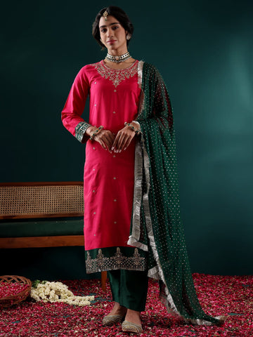 Varanga Women Plus Size Pink Placement Design  Embroidered Straight Kurta Paired With Contrast Bottom And Chiffon Dotted Dupatta With Four Side Fringes