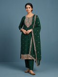 Elegant In Deep Green, This Straight-Fit Kurta With Intricate Zari-Embroidered Yoke Is Paired With Ankle-Length Solid Trousers And A Matching Zari-Accented Dupatta