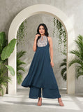 Varanga Women Blue Yoke Embroidered Sleeveless Flared Kurta With Trousers.