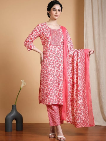 Varanga Women Ethnic Coral Kurta Set With Dupatta