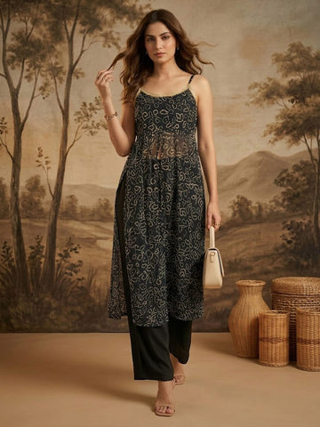 Midnight Bandhani High-Slit Kurta & Palazzo Set With Front High Slit Cut
