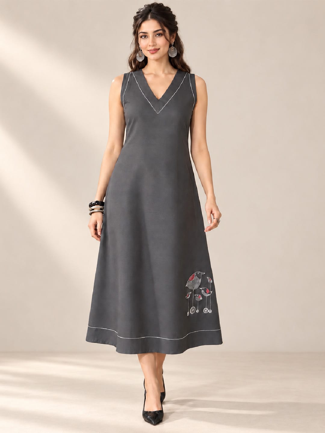Varanga Ethnic Motifs Embroidered A-Line Midi Dress