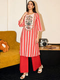 Cotton Striped Printed A-Line Kurta With Solid Trouser
