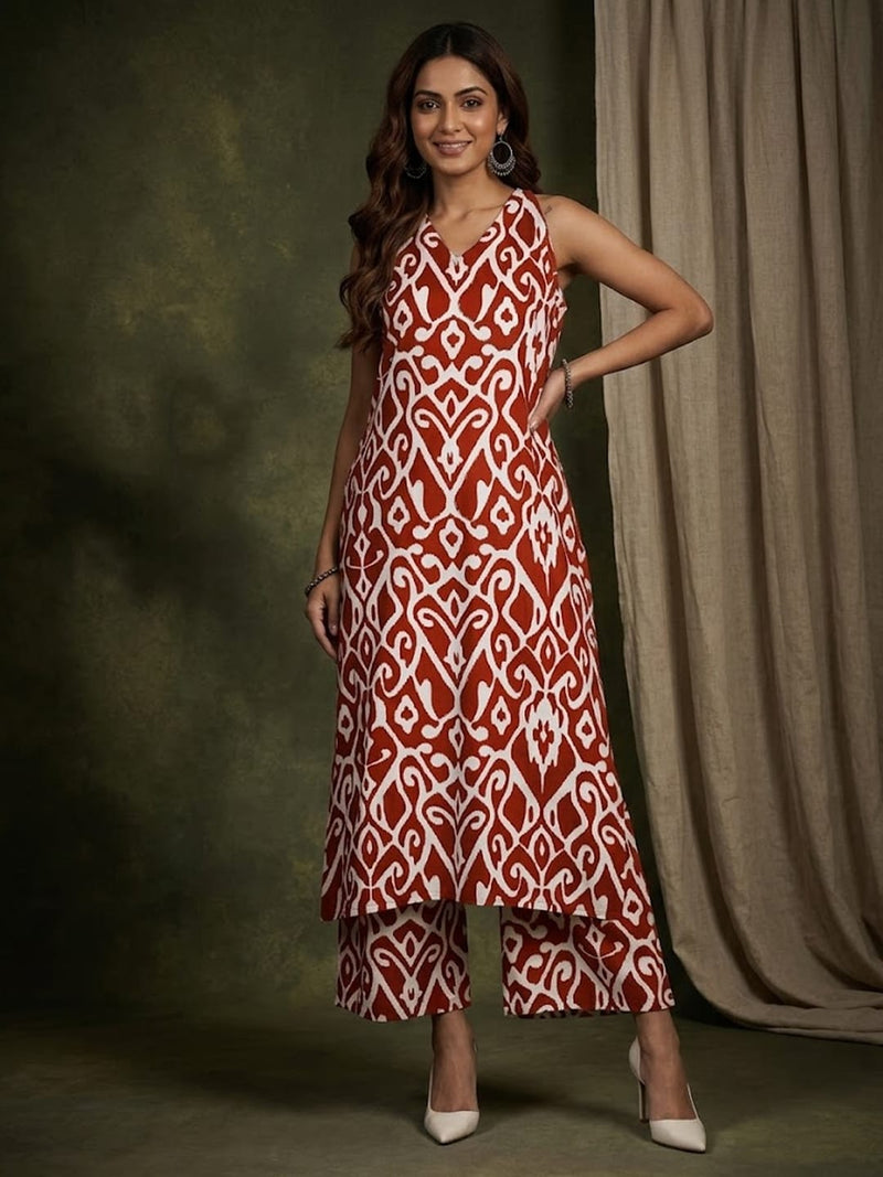 Varanga Women Red Ikat Printed Straight Kurta With Palazzo