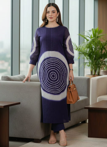 Navy Blue and White Printed Casual Kurti and Pant Set