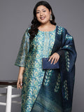 Varanga Women Plus Size Blue Floral Printed Kurta, Round Neck Straight Kurta Paired With Tonal Bottom And Printed Dupatta.