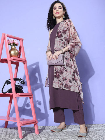 Purple Halter Neck Straight Kurta Paired With Tonal Bottom And Printed Dupatta