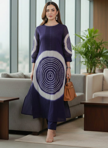 Navy Blue and White Printed Casual Kurti and Pant Set