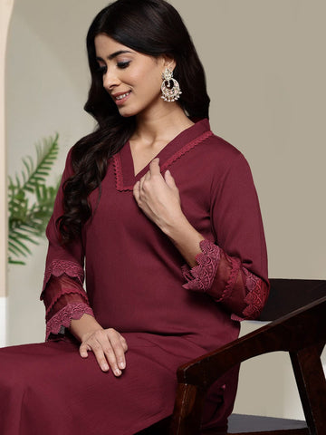 Varanga Women Maroon V Neck, Three Quater Sleeves With Tonal Cotton Lace Straight Kurta Paired With Tonal Bottom