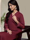 Varanga Women Maroon V Neck, Three Quater Sleeves With Tonal Cotton Lace Straight Kurta Paired With Tonal Bottom