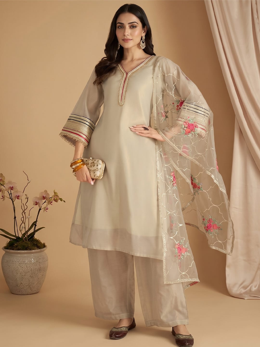 Varanga Women Three-Piece Set Featuring A Shimmer-Detailed Grey Kurta, Solid Ankle-Length Trousers, And An Embroidered Net Dupatta