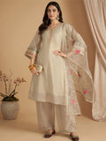 Varanga Women Three-Piece Set Featuring A Shimmer-Detailed Grey Kurta, Solid Ankle-Length Trousers, And An Embroidered Net Dupatta