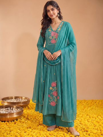 Women'S Mul Chanderi Kurta Set With Chiffon Dupatta