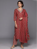 Varanga Women Red Printed  V-Neck Embroidered Kurta With Bottom And Dupatta