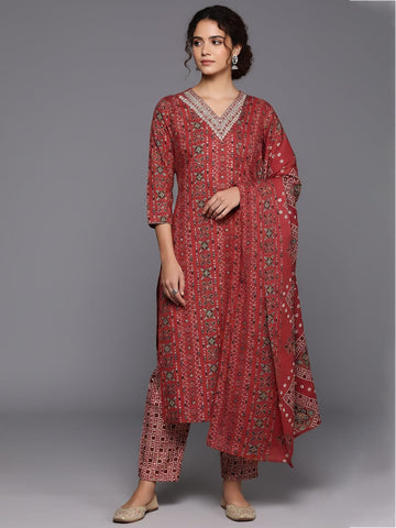 Varanga Women Red Printed V-Neck Embroidered Kurta With Bottom And Dupatta
