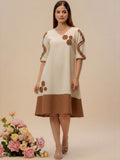 Off-White Color-Block A-Line Dress Featuring Handcrafted Floral Appliqué Work