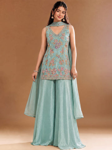 Women's Embroidered Shimmer Short Kurta With Palazzo And Dupatta